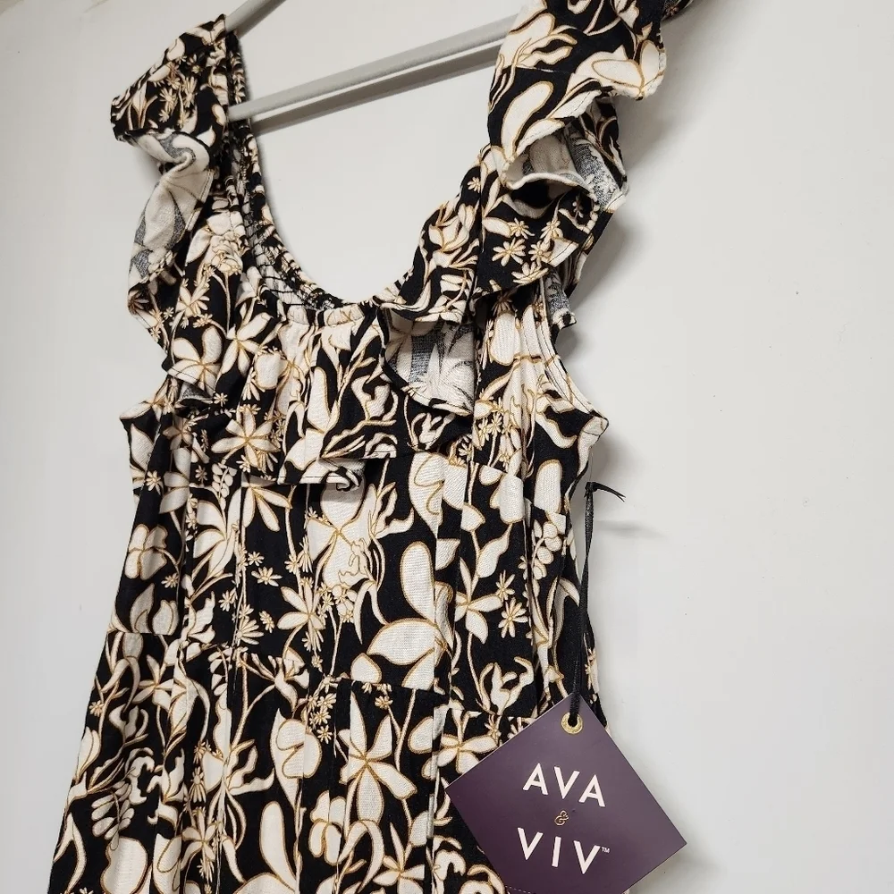 Ava & Viv black cream gold floral linen blend maxi dress with pockets XXL NWT - Picture 2 of 10